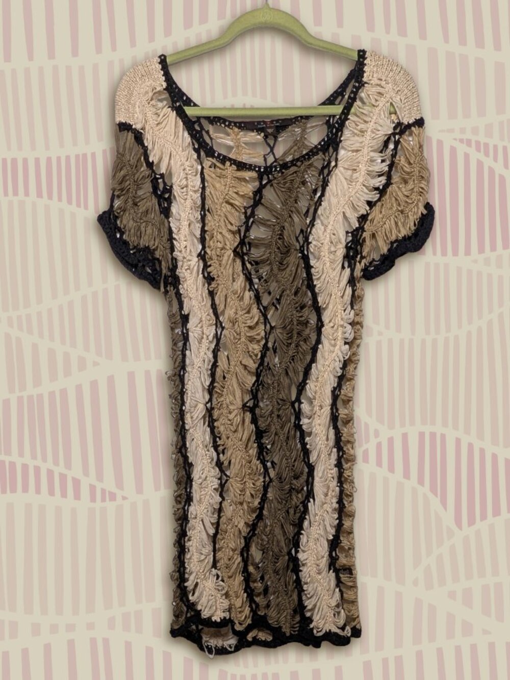 Fever Brown Crochet Open Knit Layering Top L